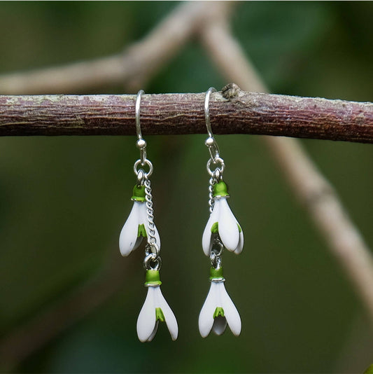 Snowdrop Flower Double Drop Earrings in Silver Tone