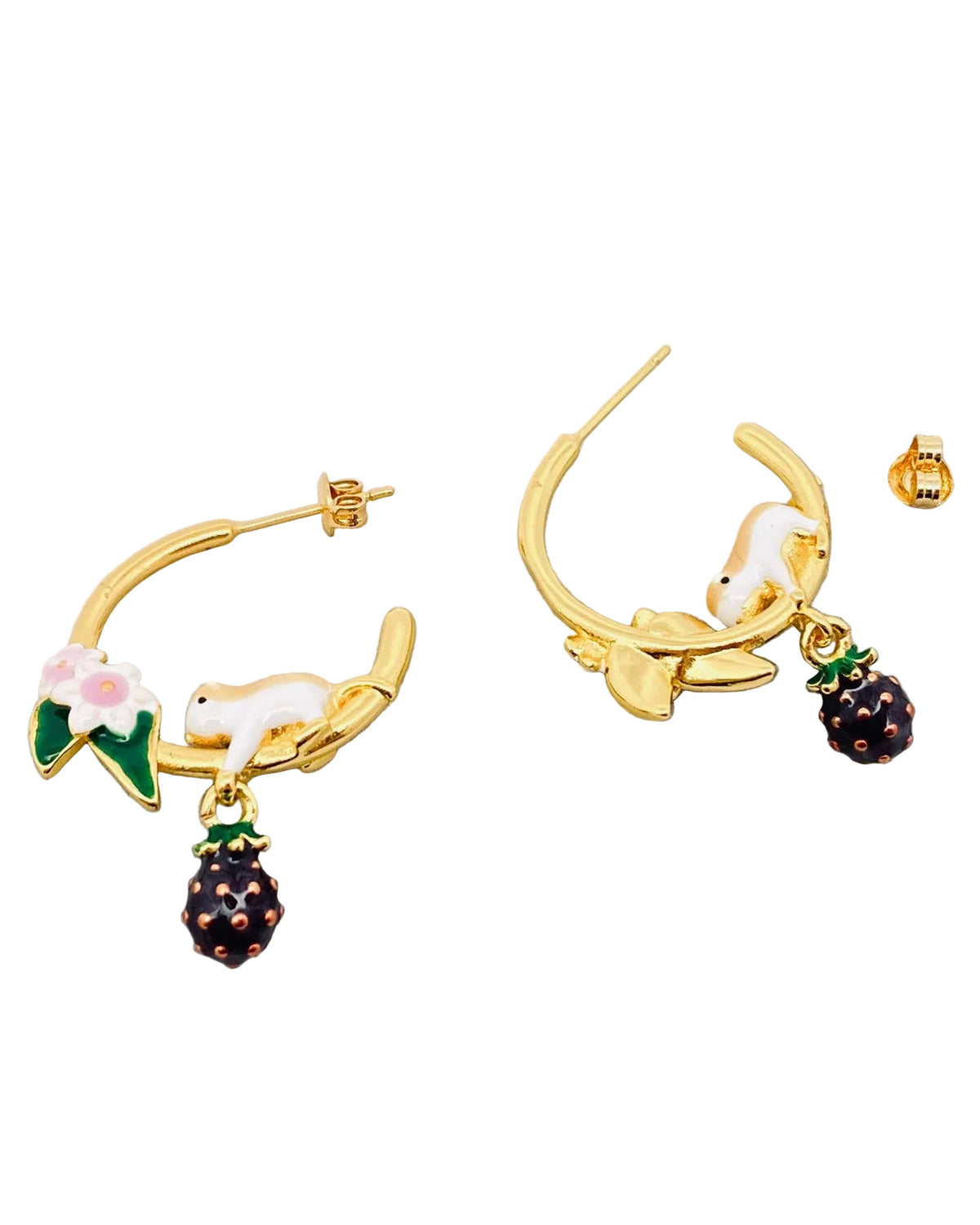 Chipmunk Picking Raspberries Enamel Hoop Earrings