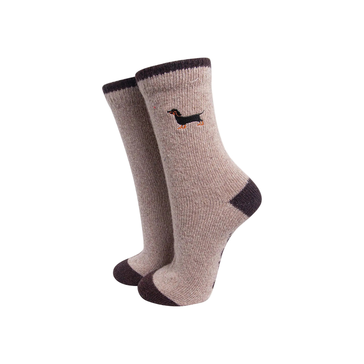 Sausage Dog Embroidered Wool Socks in Beige