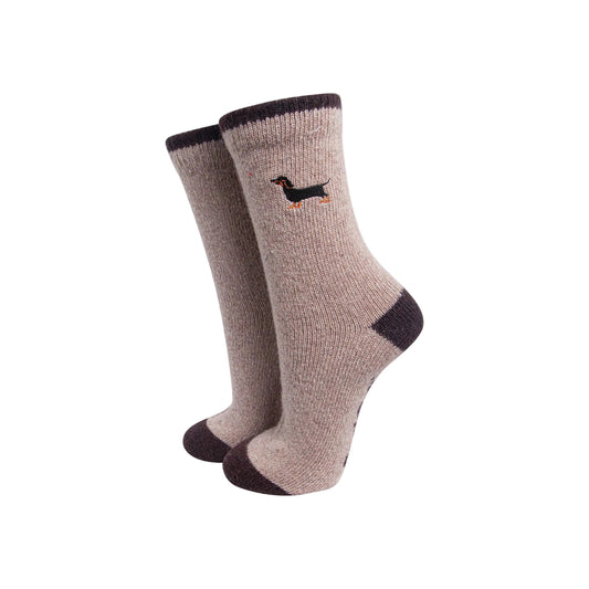 Sausage Dog Embroidered Wool Socks in Beige