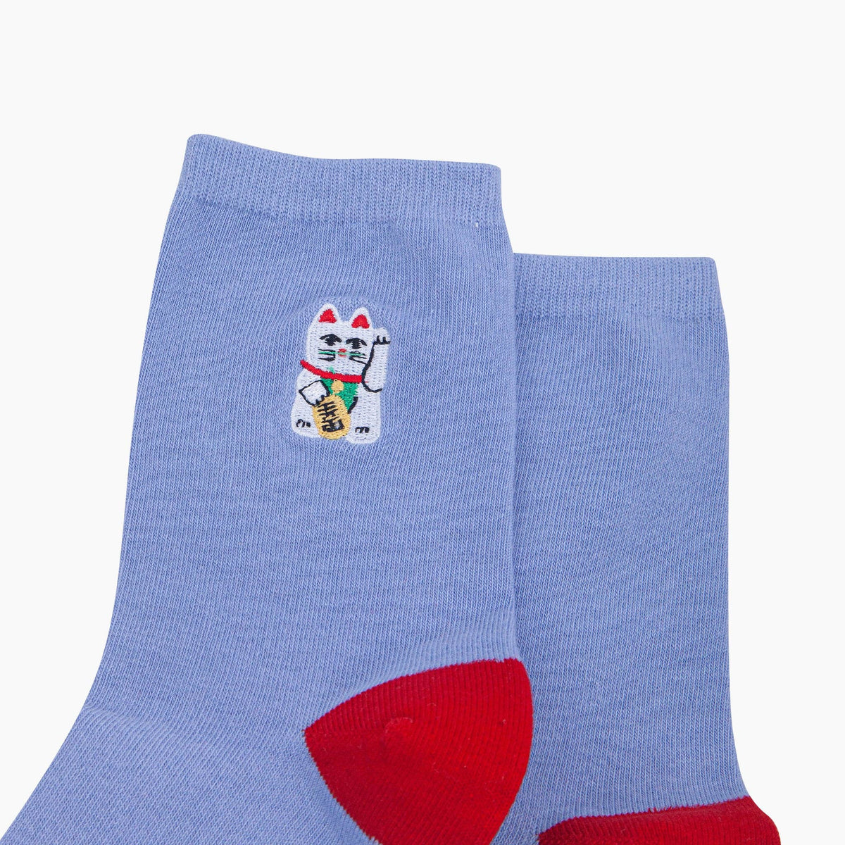 Lucky Cat Combed Cotton Embroidered Socks in Blue/Red