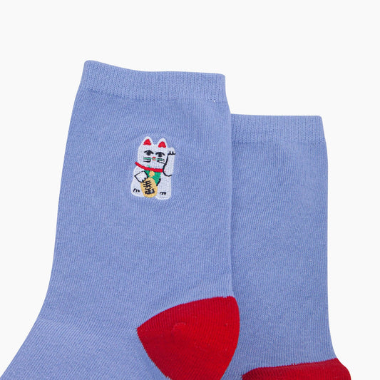 Lucky Cat Combed Cotton Embroidered Socks in Blue/Red