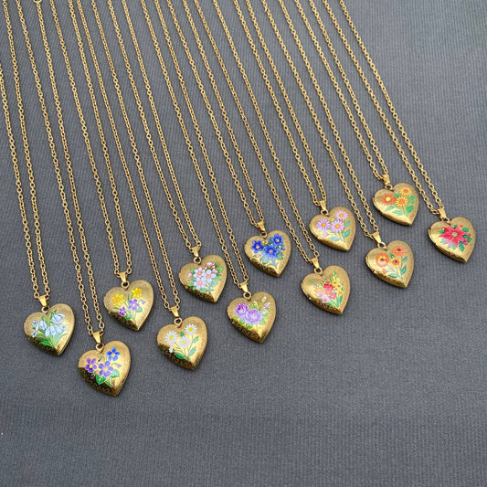 Flower Pattern Heart Locket 18K Gold Plated Necklace