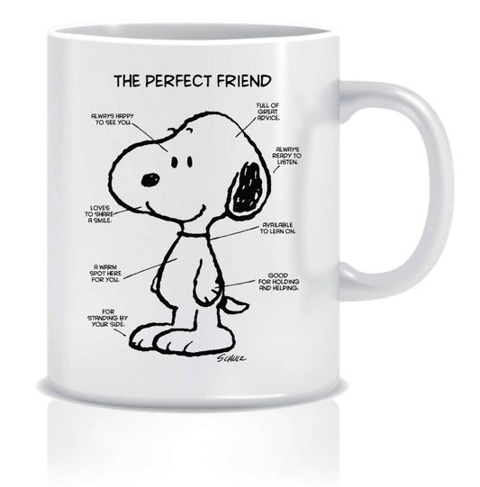 Mug with a black and white illustration of Snoopy and text describing 'The Perfect Friend' on a white background.