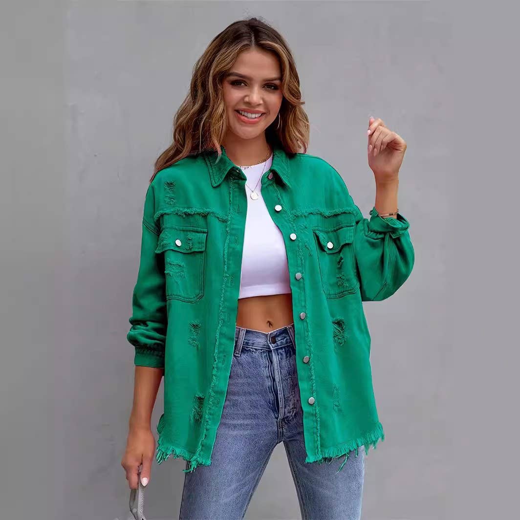 Plain Ripped Denim Jacket in Lilac or Green