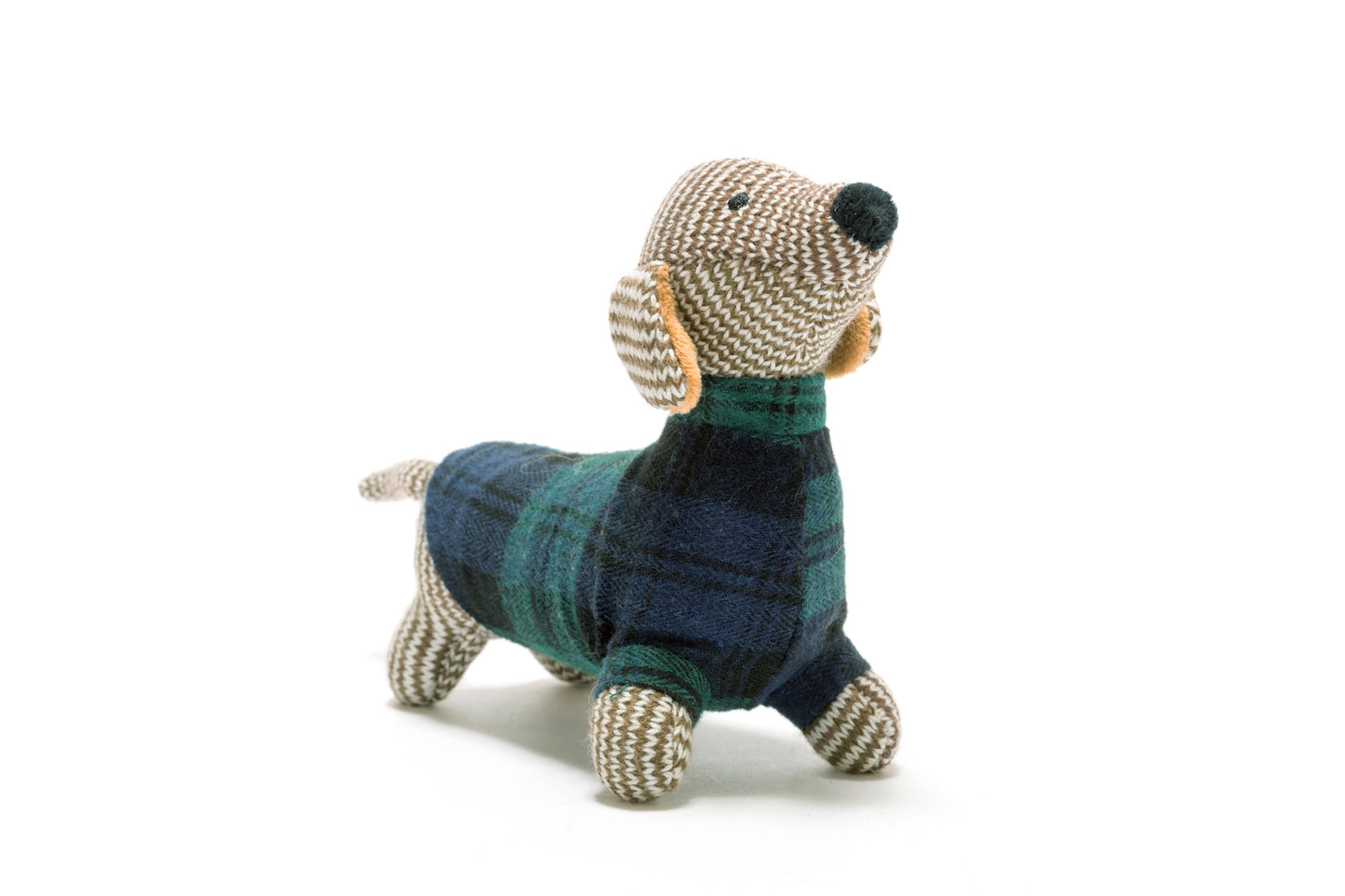 Sausage Dog Knitted Baby Rattle in Tartan Coat
