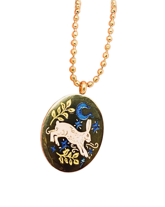 Painted Enamel Rabbit Oval 18K Gold Plated Necklace