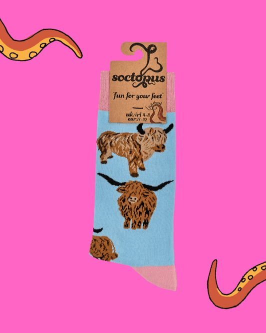 Aqua Och Aye The Moo Highland Cow Crew Socks - Pink Poodle Boutique - S2269S