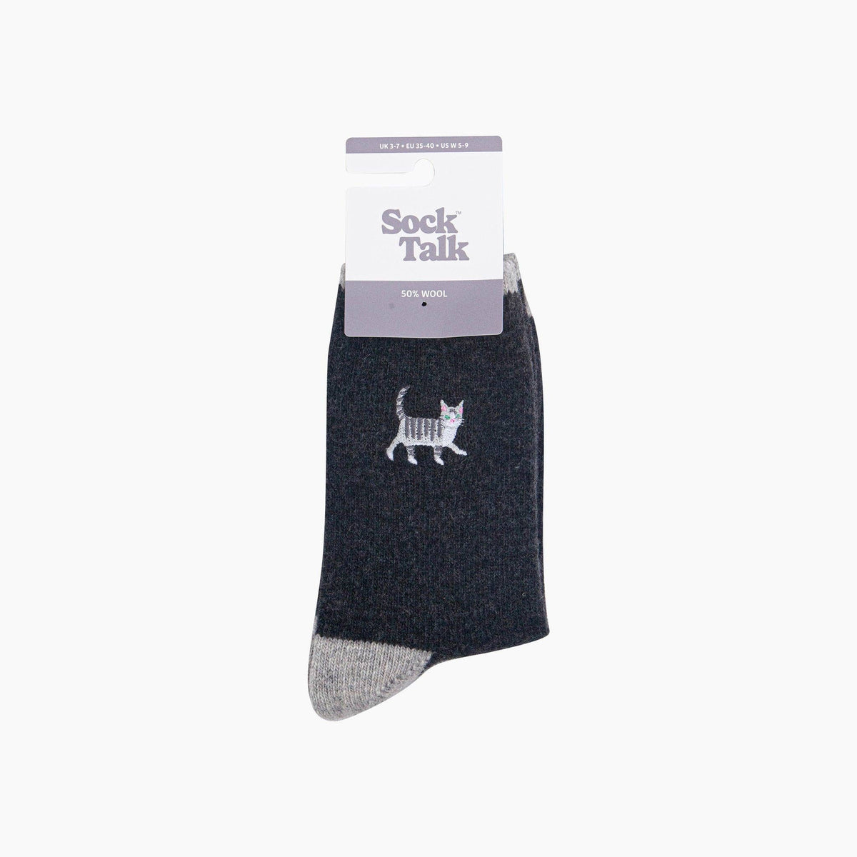 Grey Cat Embroidered Wool Socks in Charcoal