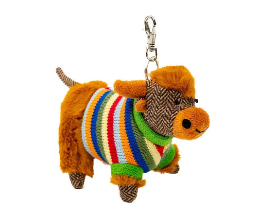 Highland Cow Bag Charm with Tweed Face in Stripe Jumper