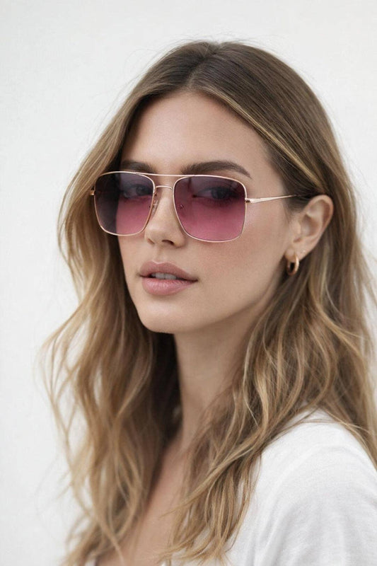 Metal Frame Square Aviator Sunglasses In Gold & Pink