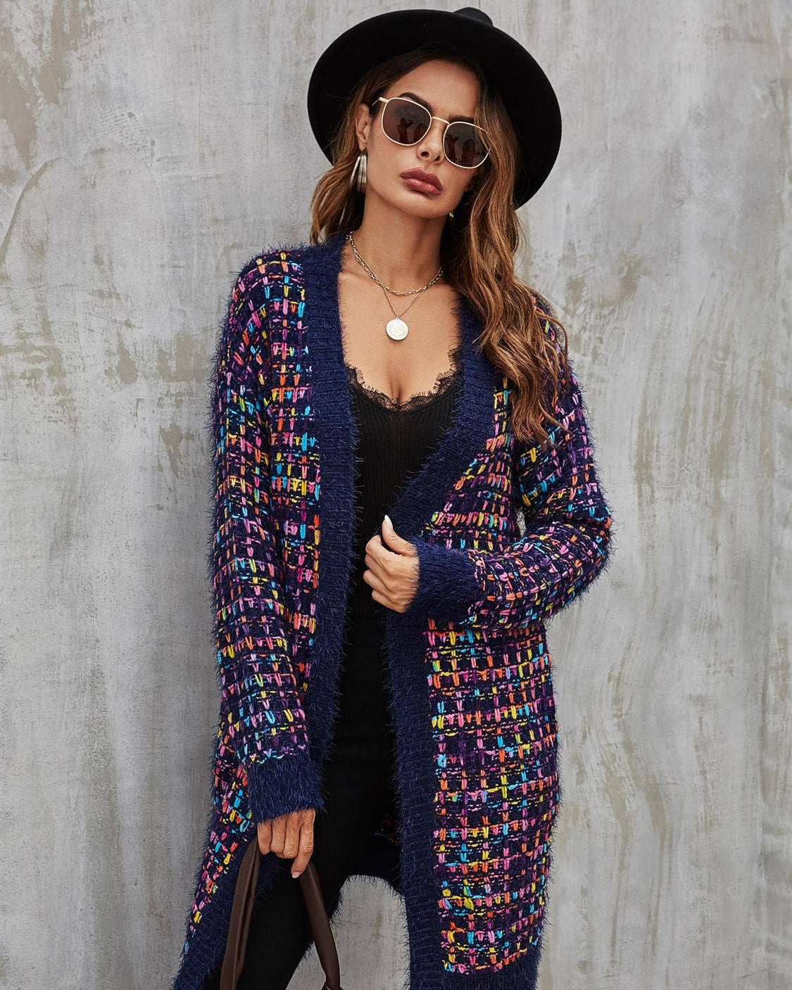 Speckles Boucle Check Cardigan In Navy