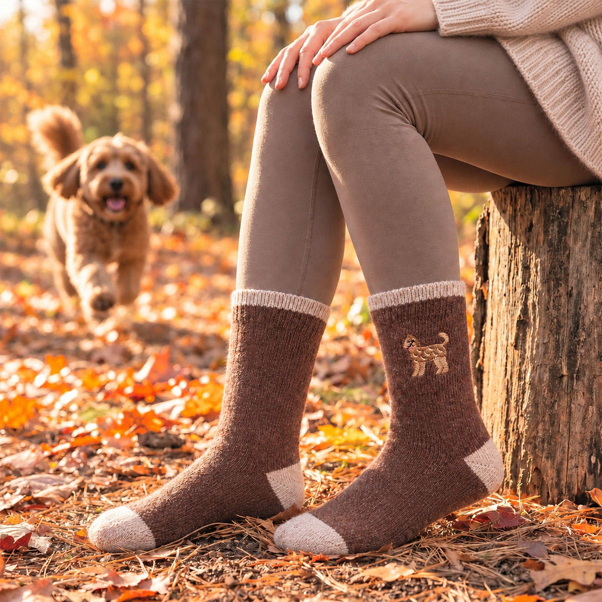 Labradoodle Embroidered Wool Socks in Brown