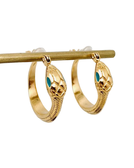 Enamel Green Eyes Snake 18K Gold Plated Hoop Earrings