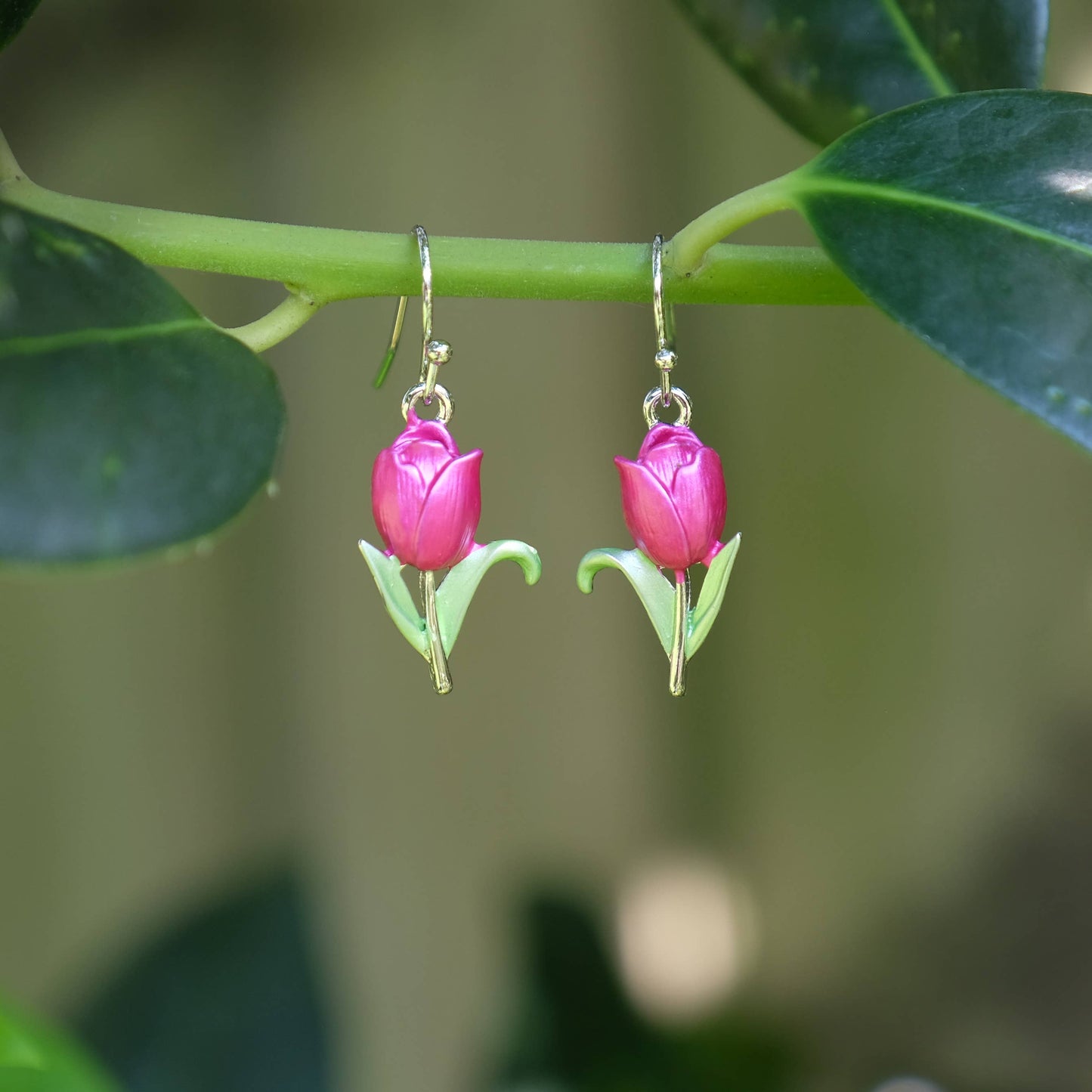Pink Tulip Flower Drop Hook Earrings
