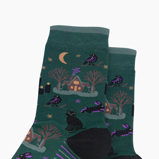 Witchy Cabin Bamboo Socks in Forest Green