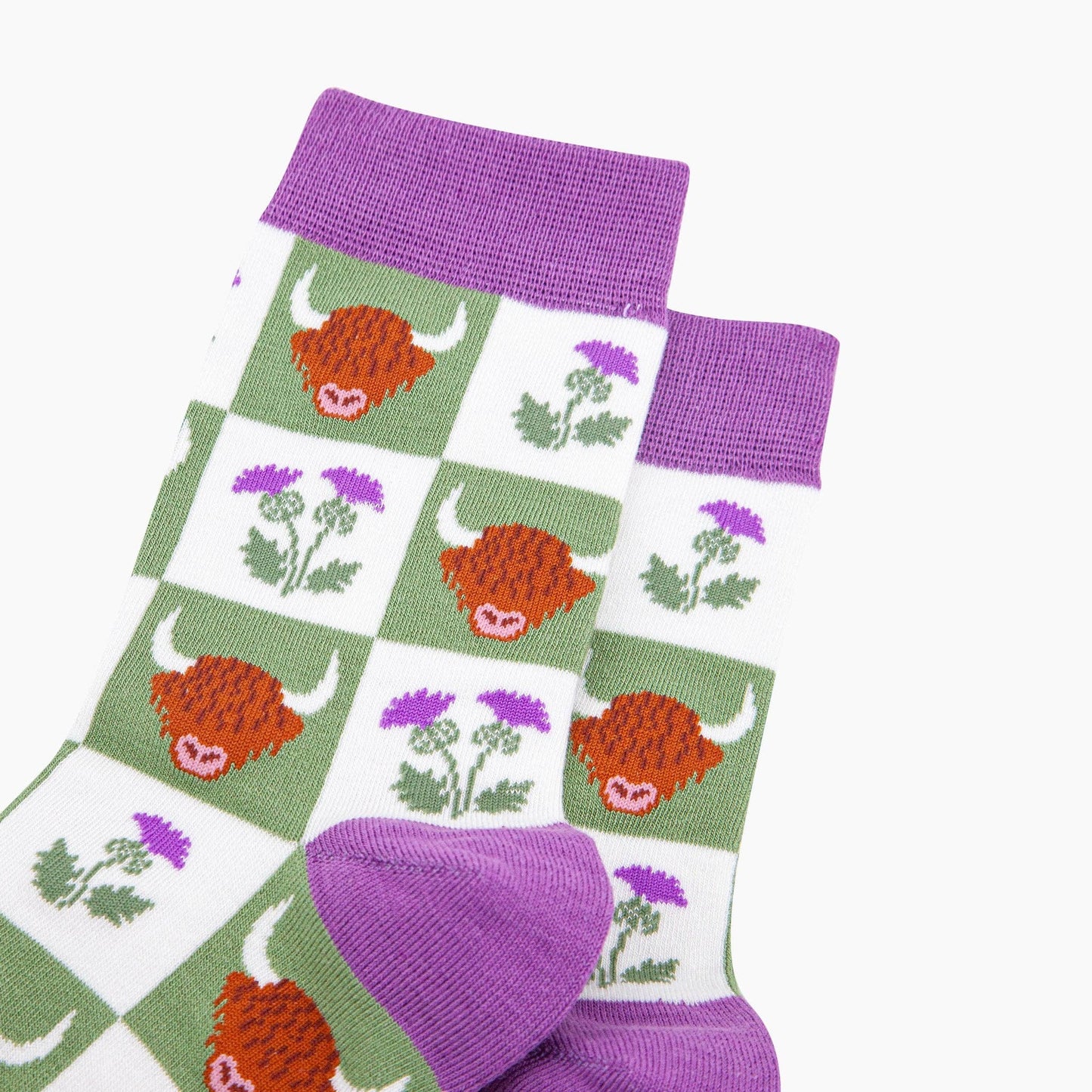 Highland Cow Thistle Checkerboard Bamboo Socks