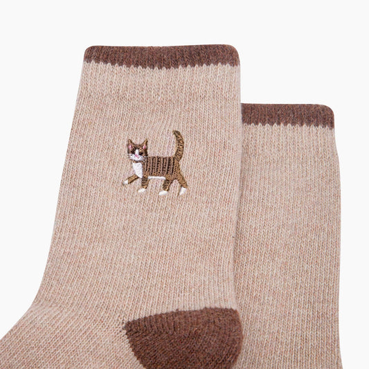 Tabby Cat Embroidered Wool Socks in Beige