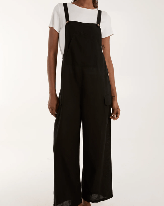 Black Button Detail Wide Leg Dungarees - Pink Poodle Boutique - NL245955003 - SM