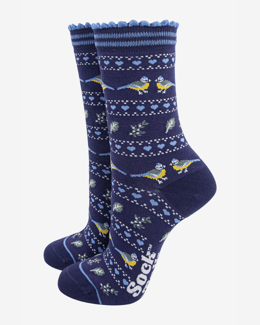 Blue Tits Fair Isle Bamboo Socks - Pink Poodle Boutique - 4485BLUSNB
