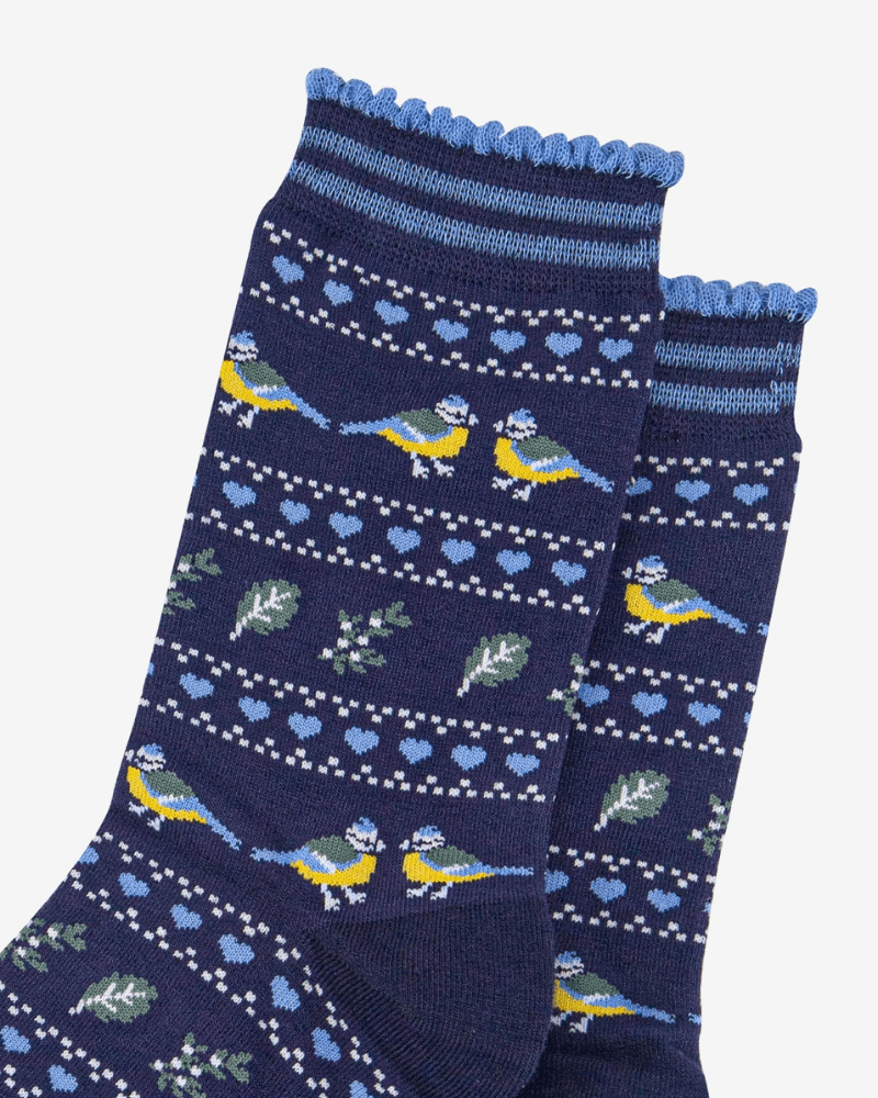 Blue Tits Fair Isle Bamboo Socks - Pink Poodle Boutique - 4485BLUSNB