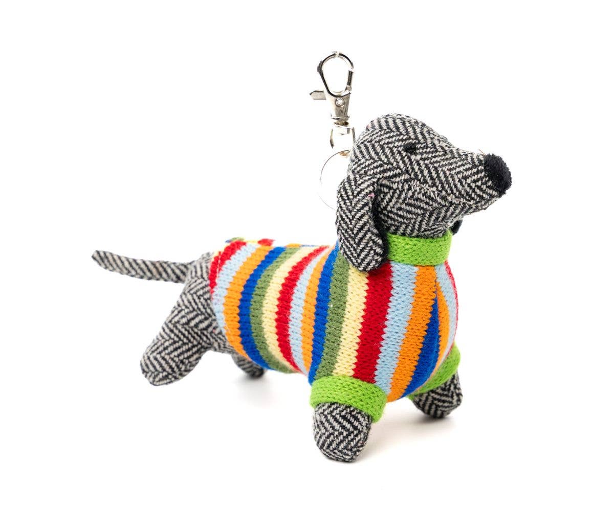 Sausage Dog Bag Charm in Tweed & Rainbow Stripe Jumper