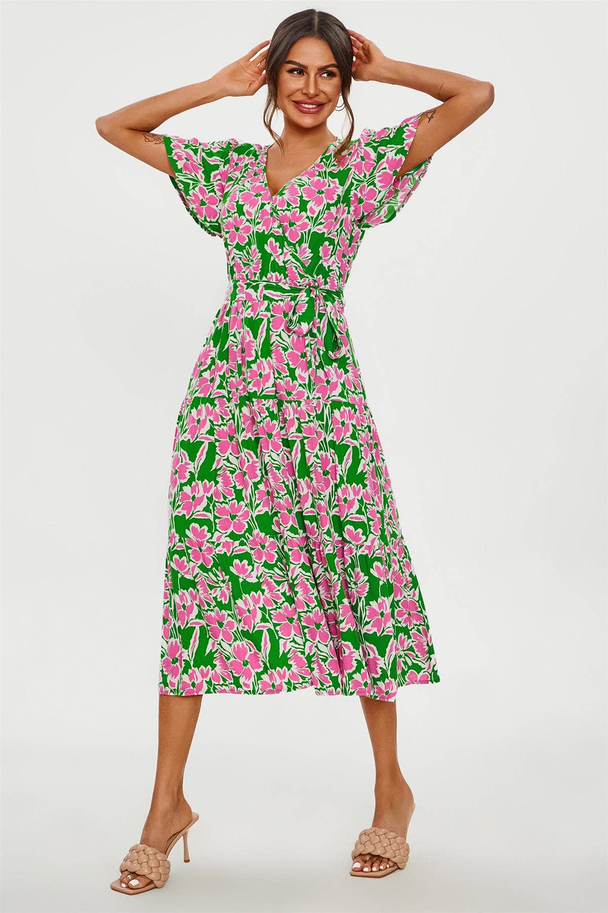 Pink Floral Print Hem Tiered Wrap Midi Dress In Green