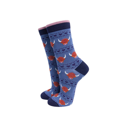 Highland Cow Fluffy Bamboo Socks in Blue