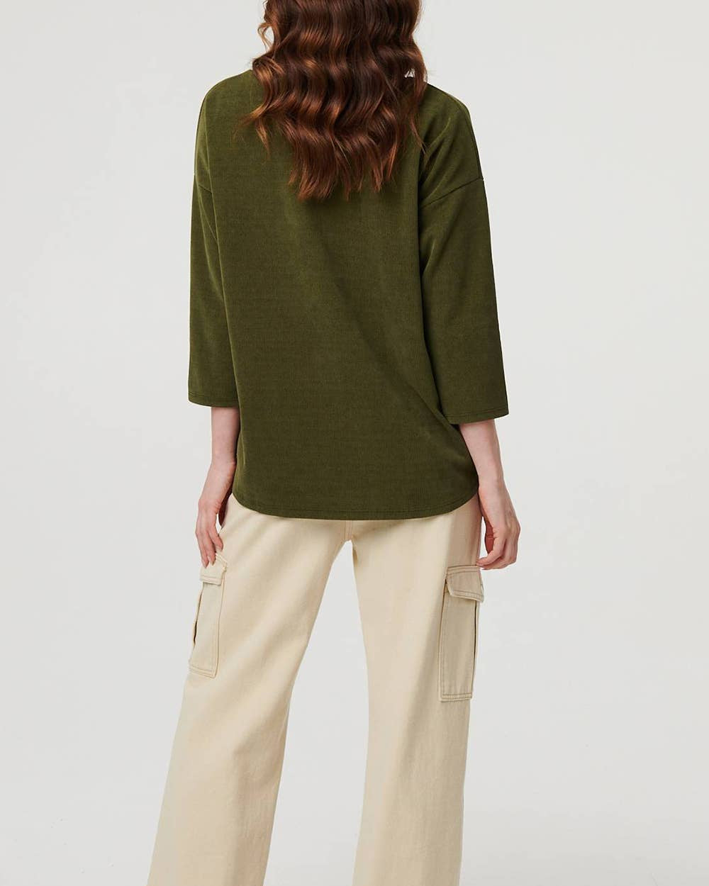 Contrast Trim Relaxed 3/4 Sleeve Top in Khaki