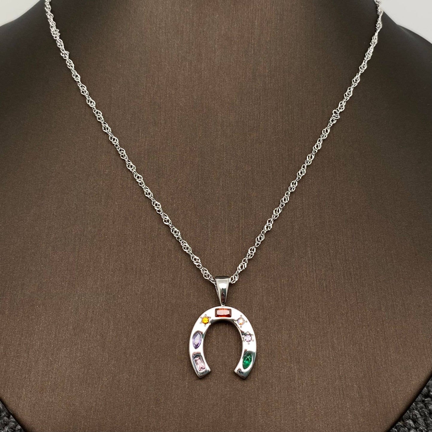 Inlaid CZ Stainless Steel Horseshoe Necklace in Silver