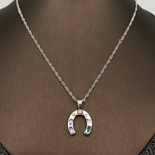 Inlaid CZ Stainless Steel Horseshoe Necklace in Silver