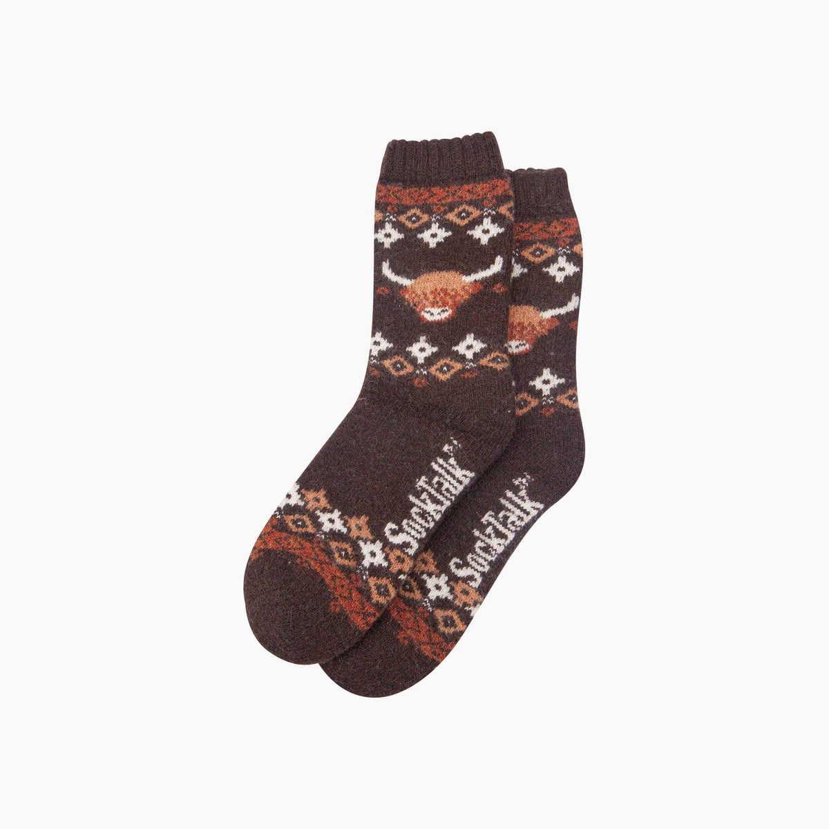 Highland Cow Patterned Wool Socks in Brown