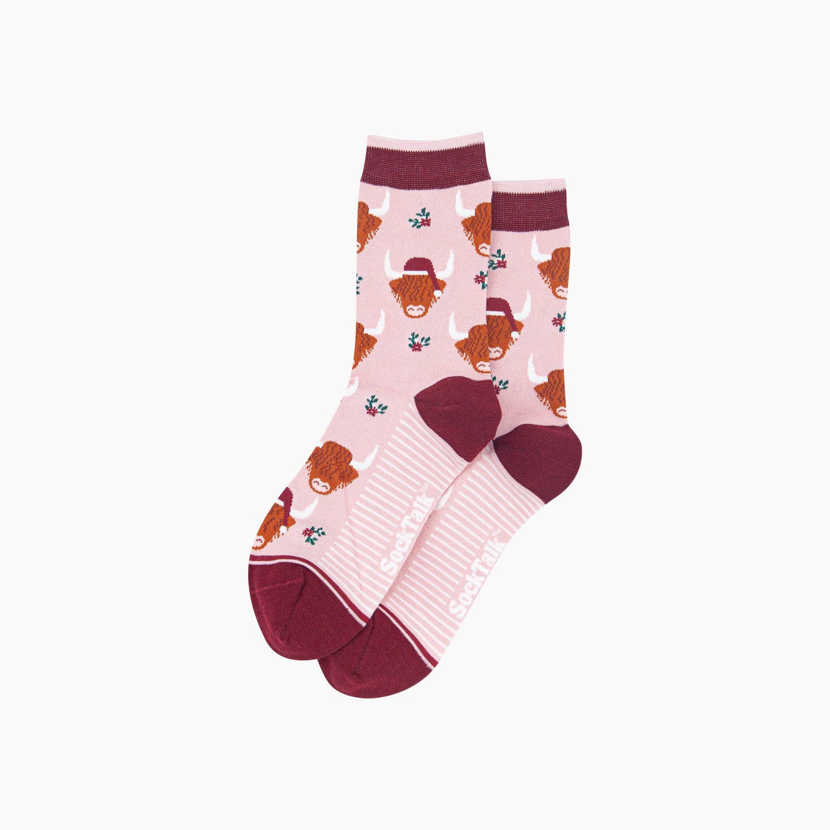 Christmas Highland Cow  Women's Bamboo Socks in Soft Pink