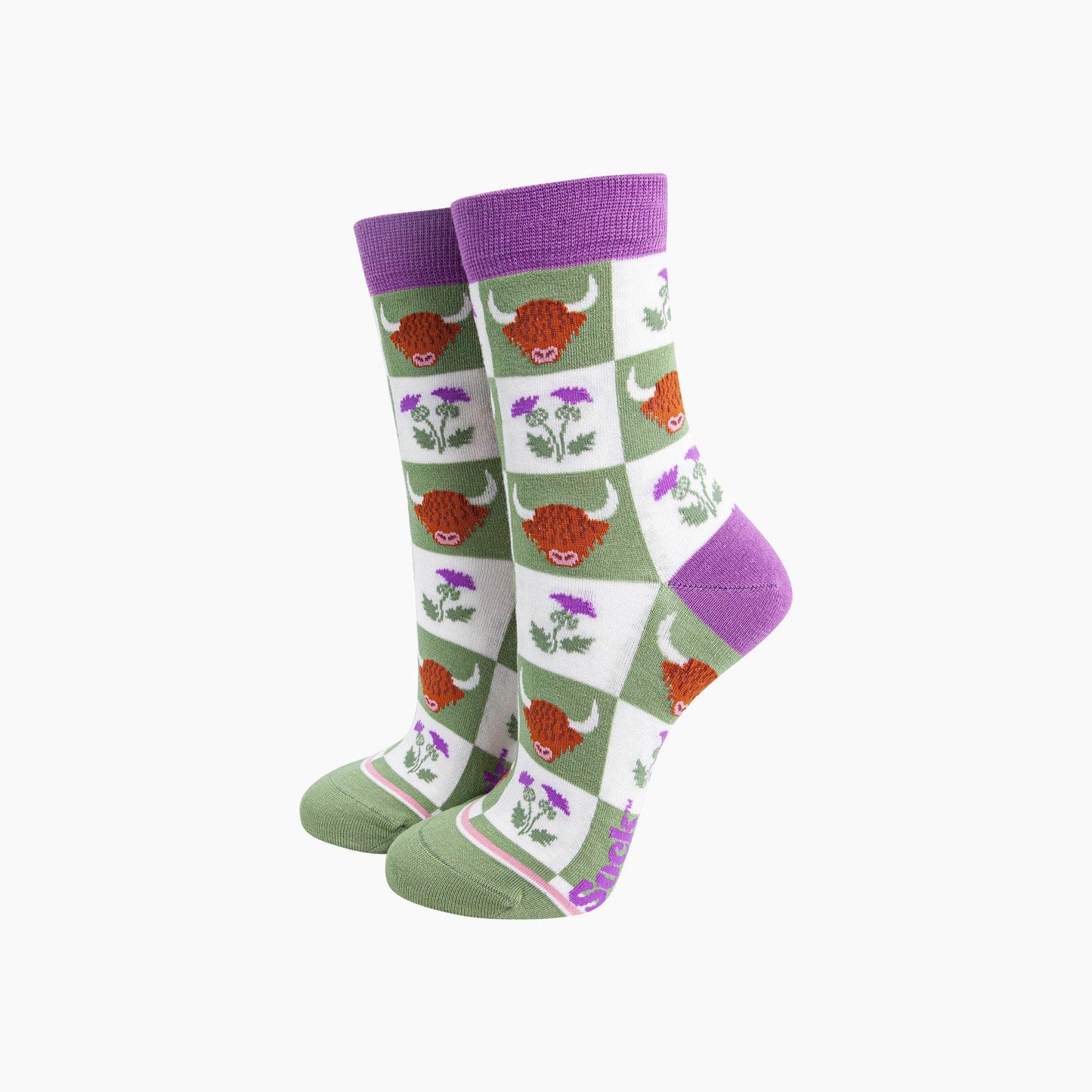Highland Cow Thistle Checkerboard Bamboo Socks