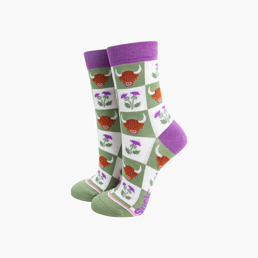Highland Cow Thistle Checkerboard Bamboo Socks