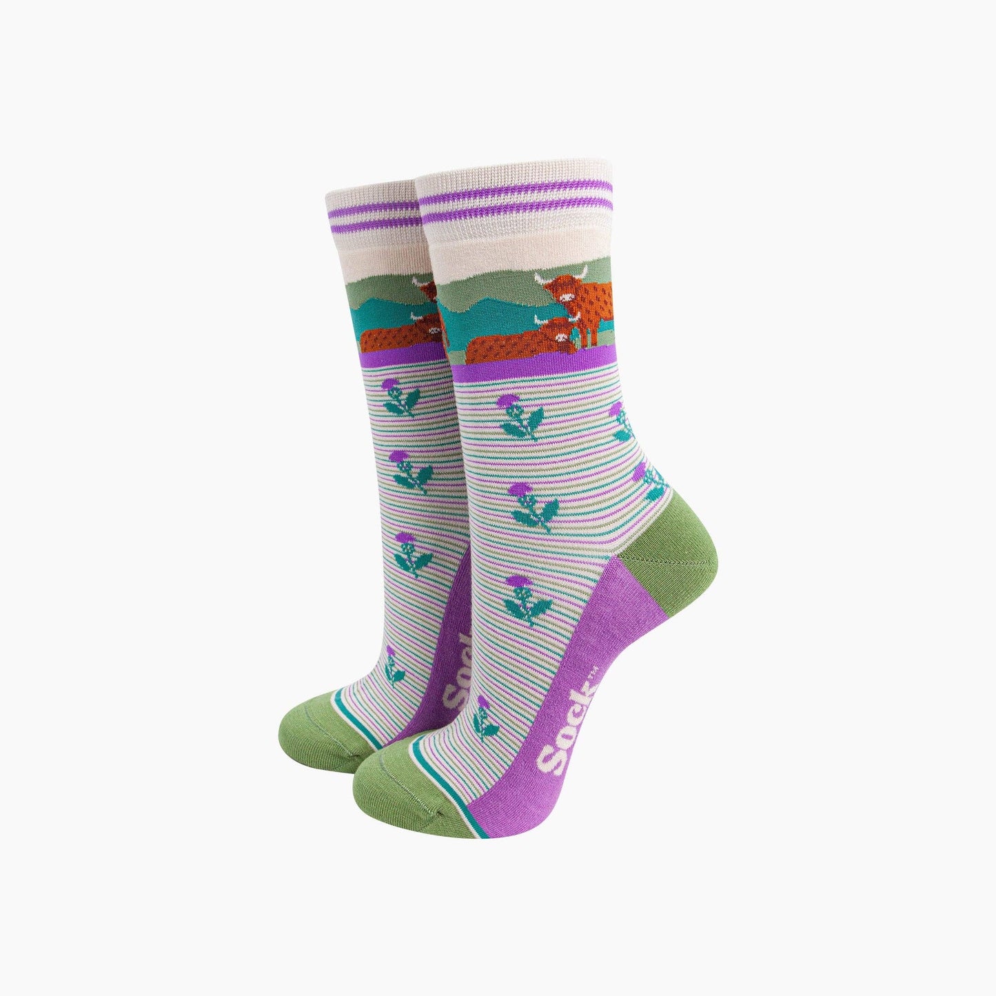 Highland Cow Thistles Striped Bamboo Socks