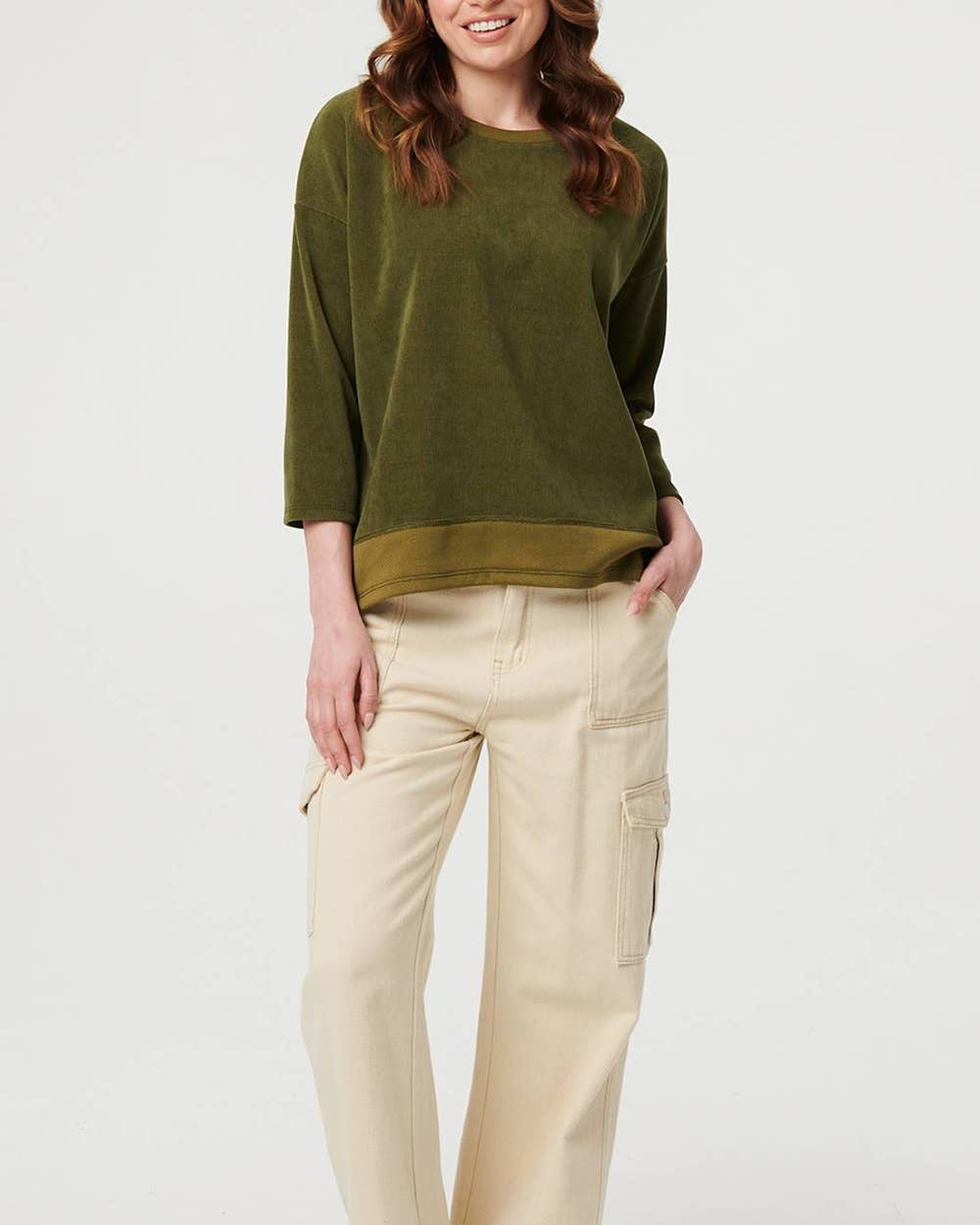 Contrast Trim Relaxed 3/4 Sleeve Top in Khaki