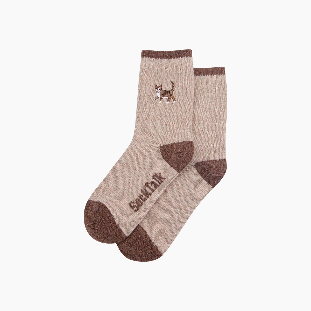 Tabby Cat Embroidered Wool Socks in Beige