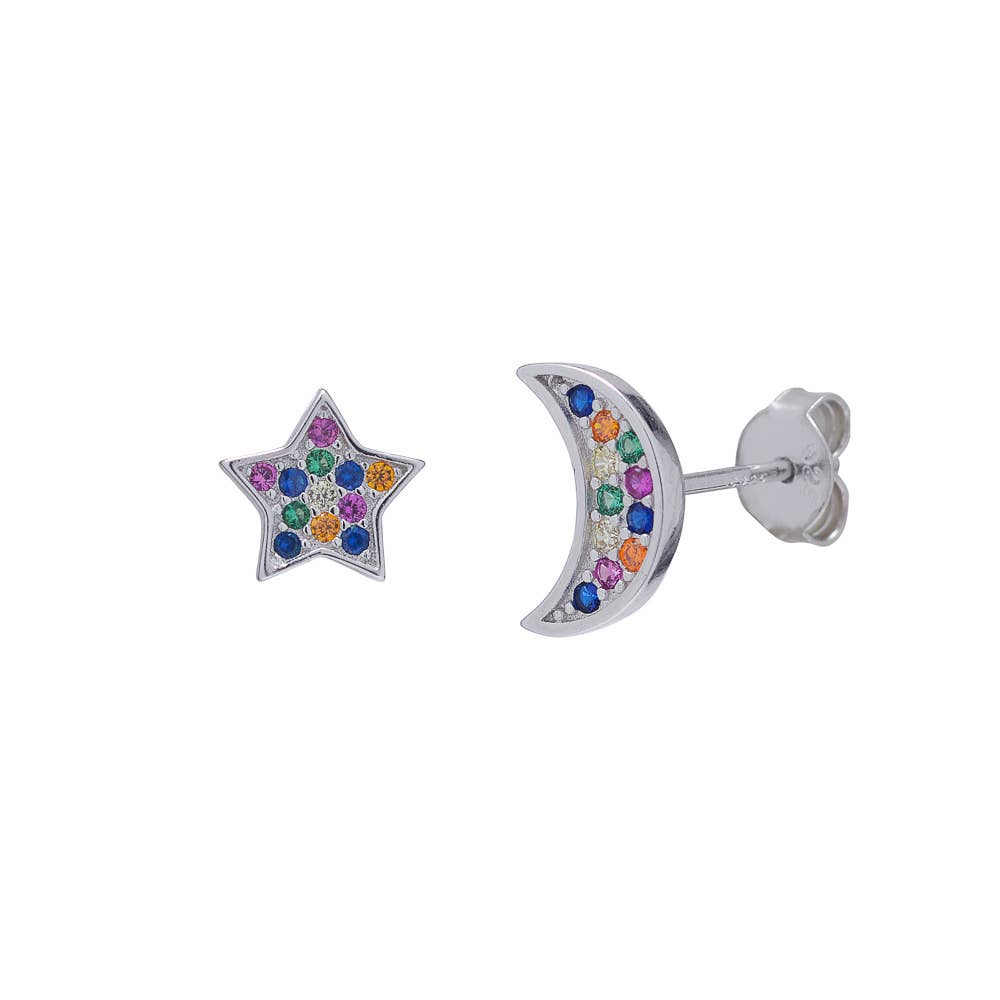 Silver Cubic Zirconia Moon and Star Stud Earrings