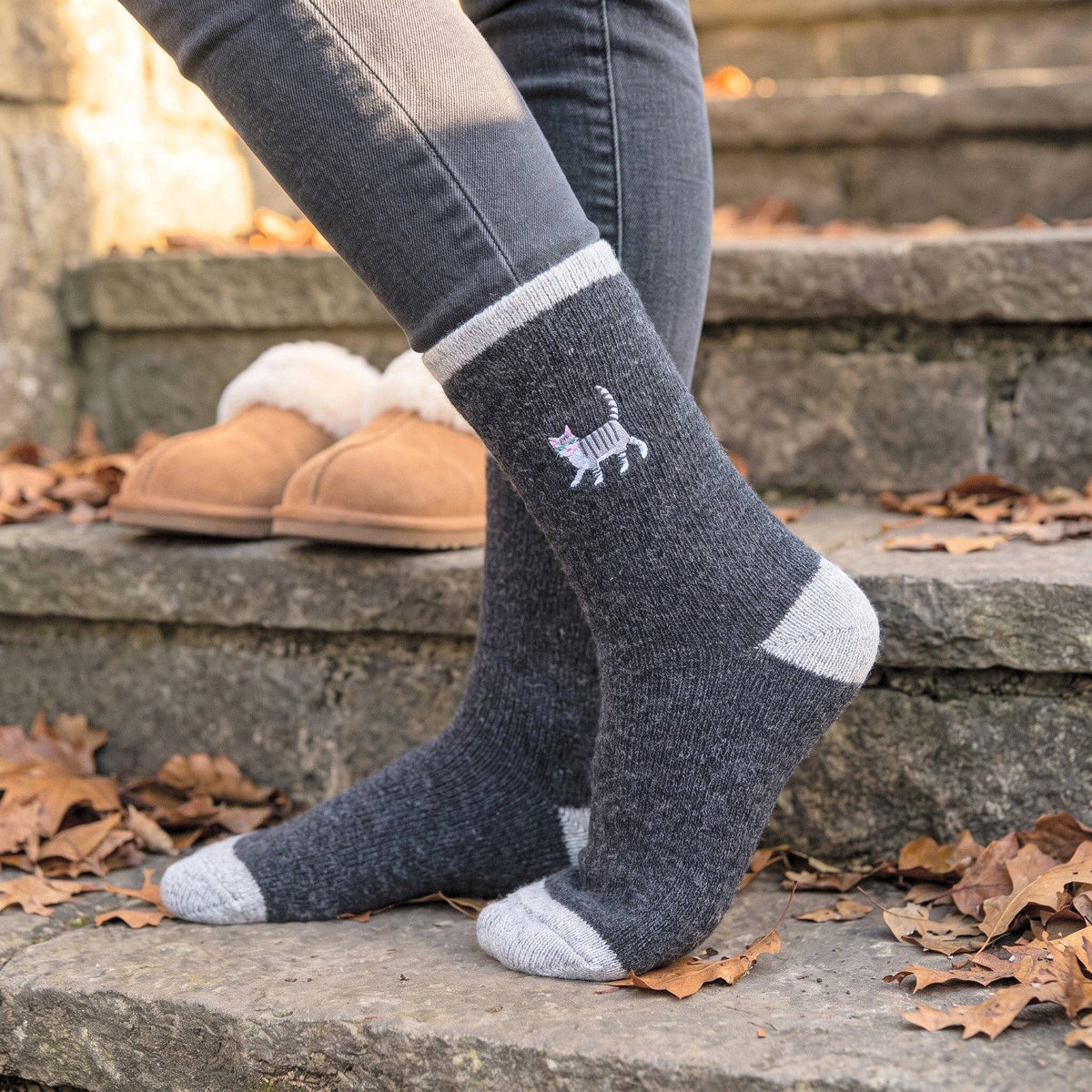 Grey Cat Embroidered Wool Socks in Charcoal