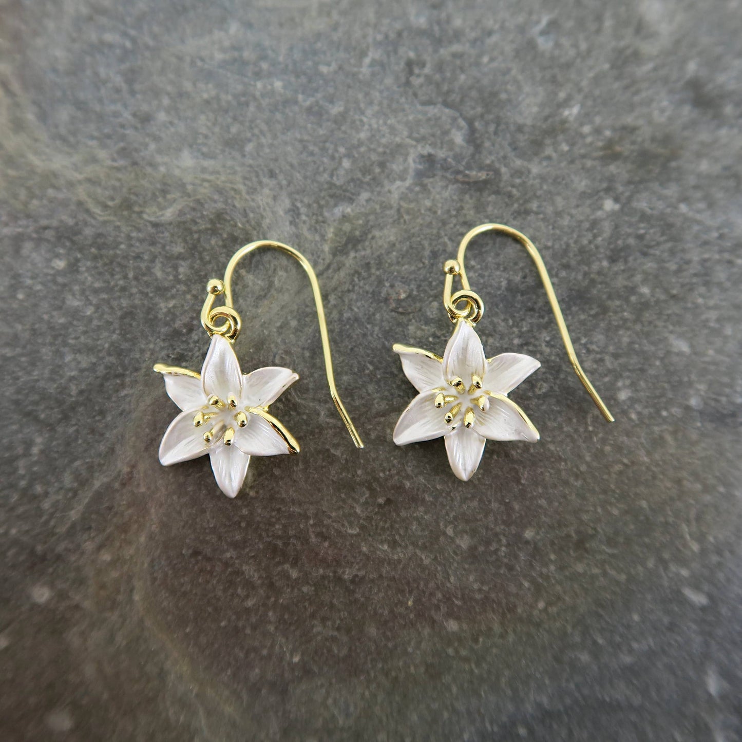 White Lily Flower Drop Hook Earrings in Gold