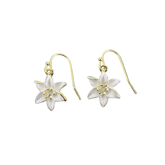 White Lily Flower Drop Hook Earrings in Gold