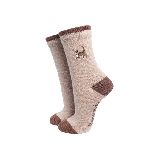 Tabby Cat Embroidered Wool Socks in Beige
