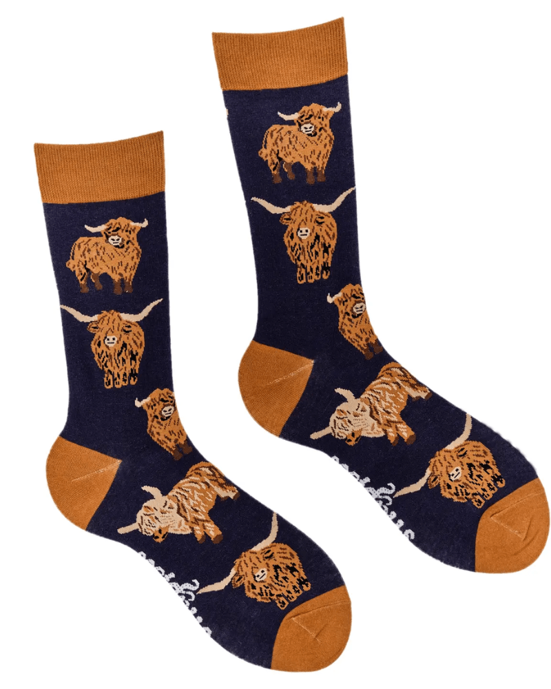 Dark Blue Och Aye the Moo Highland Cow Crew Socks - Pink Poodle Boutique - S2269L