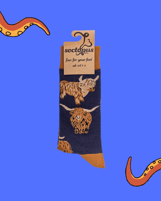 Dark Blue Och Aye the Moo Highland Cow Crew Socks - Pink Poodle Boutique - S2269L