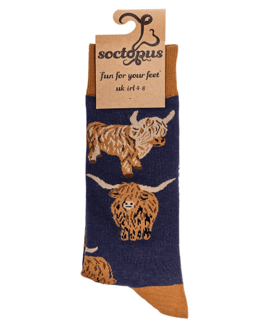 Dark Blue Och Aye the Moo Highland Cow Crew Socks - Pink Poodle Boutique - S2269L