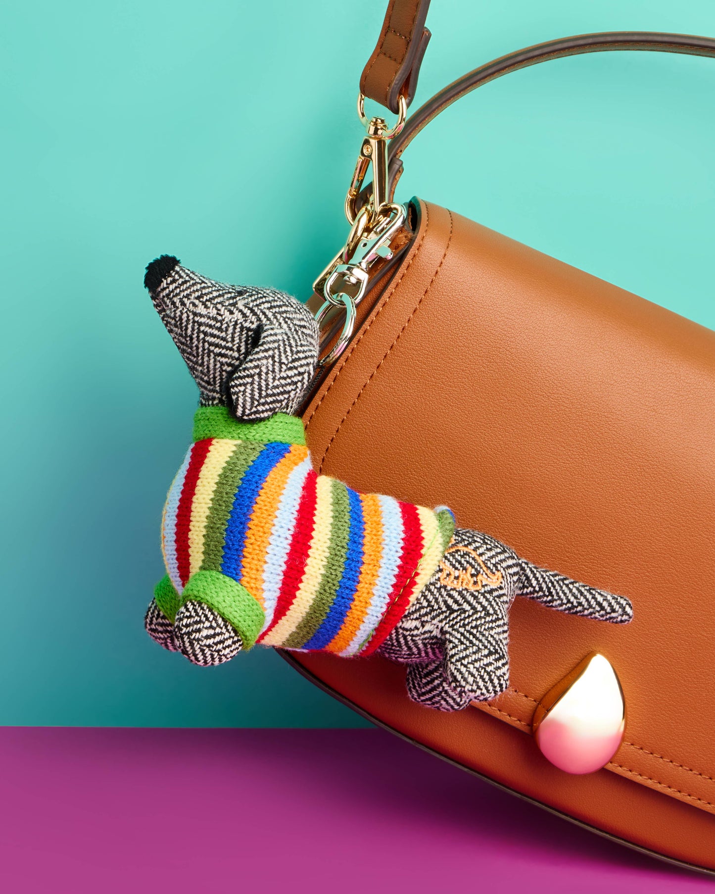 Sausage Dog Bag Charm in Tweed & Rainbow Stripe Jumper
