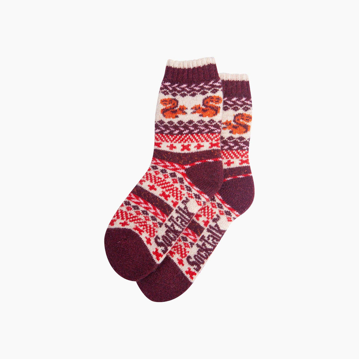 Squirrel Patterned Wool Socks in Cream/Burgundy