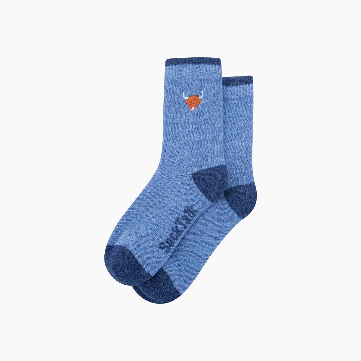 Highland Cow Embroidered Wool Socks in Denim Blue