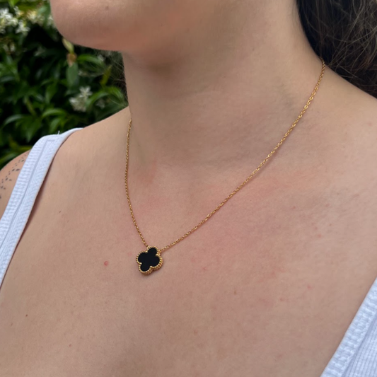 Black Four Leaf Clover Pendant Necklace 18K Gold Plated